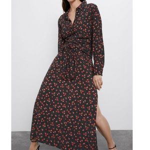 Zara Black Poppy Floral Print Tie Waist Midi Shirt Dress
